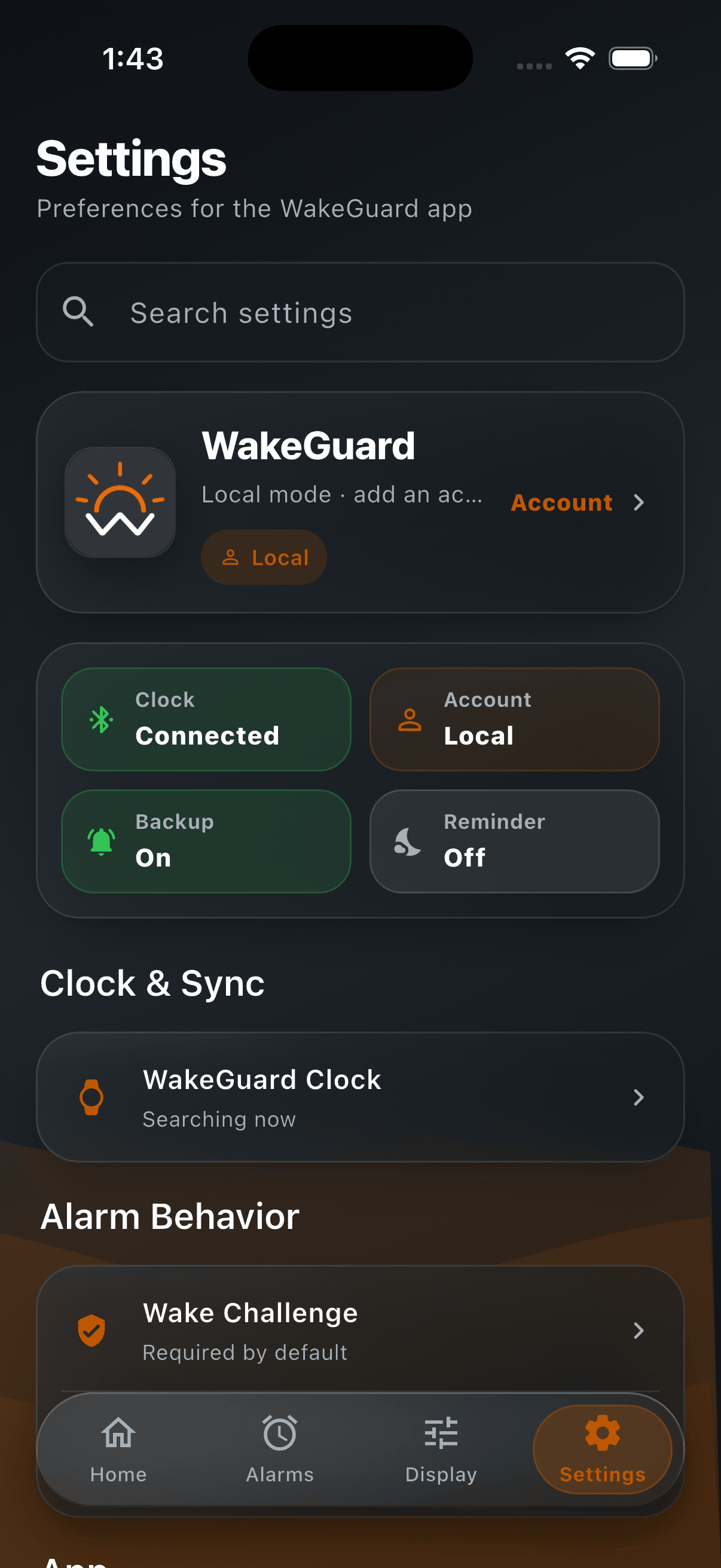 WakeGuard settings screen showing search, status summary cards, and account controls.